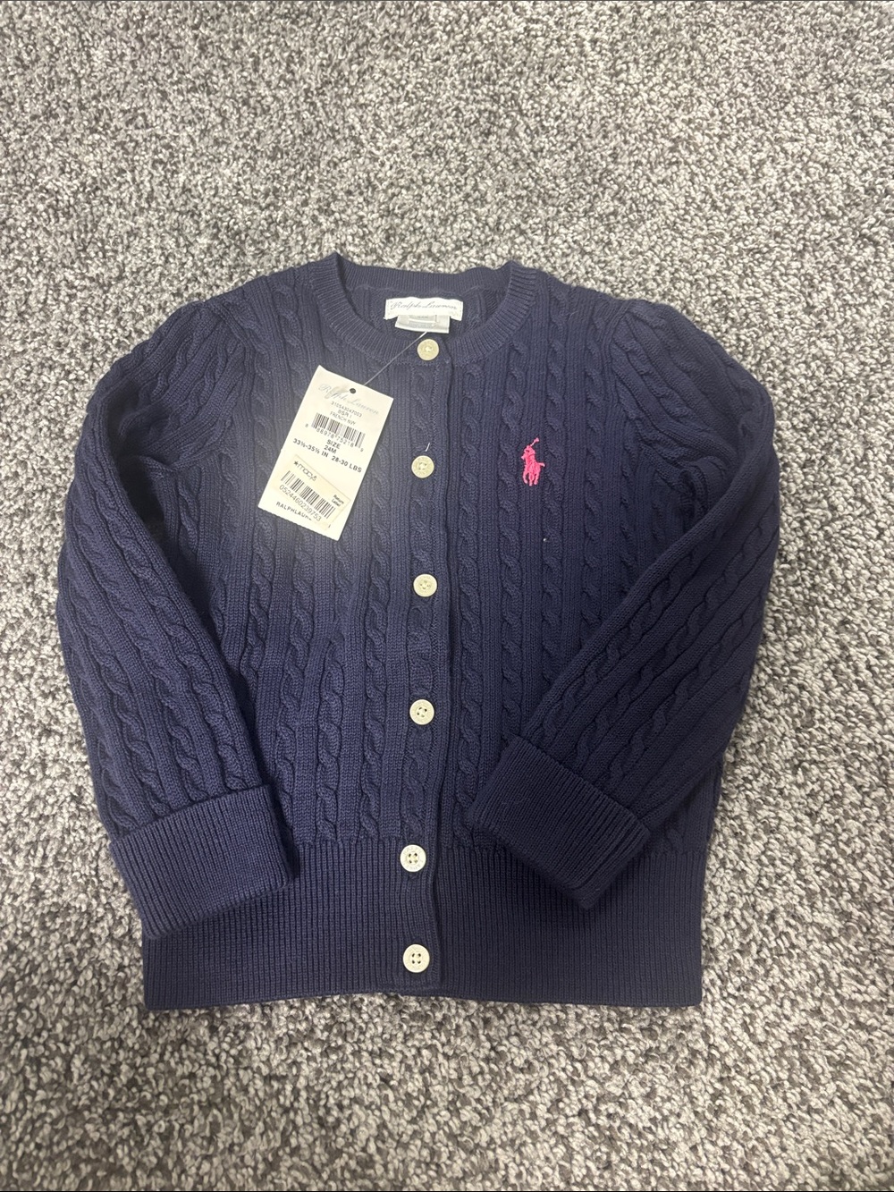 Ralph Lauren Navy Cable-Knit Cardigan with Pink Pony